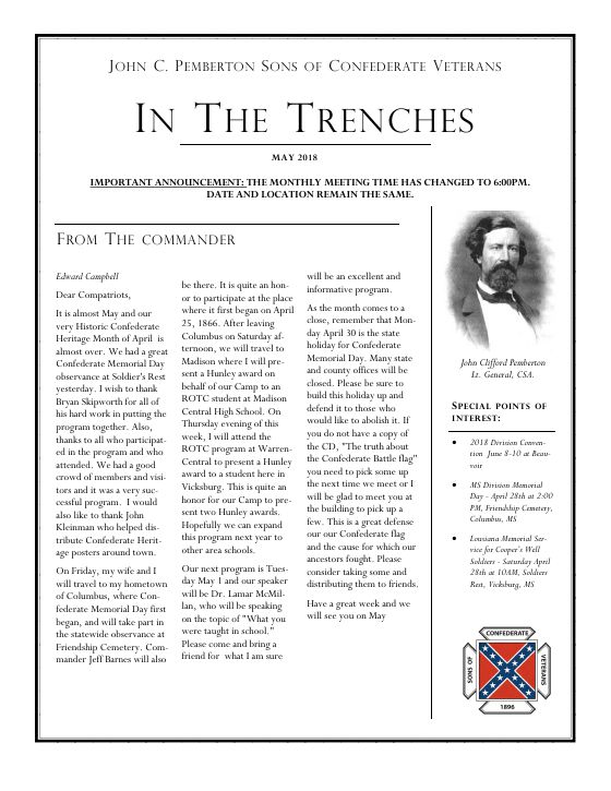 First page of the May 2018 newsletter