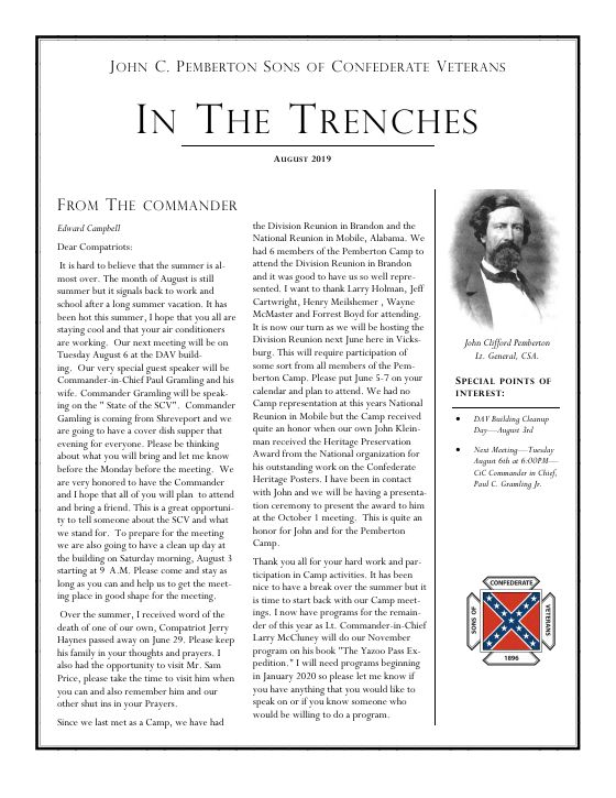 First page of the August 2019 newsletter