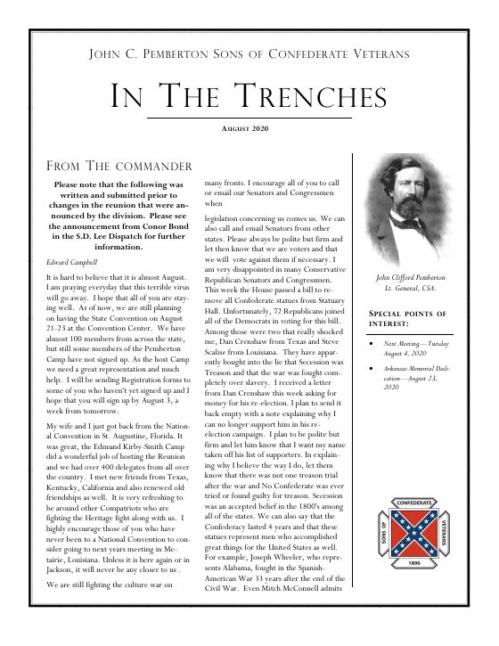 First page of the August 2020 newsletter