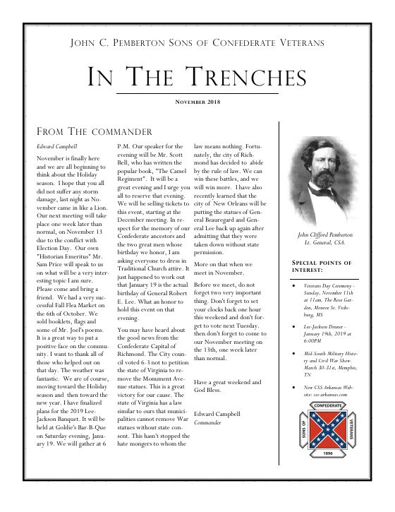 First page of the November 2018 newsletter
