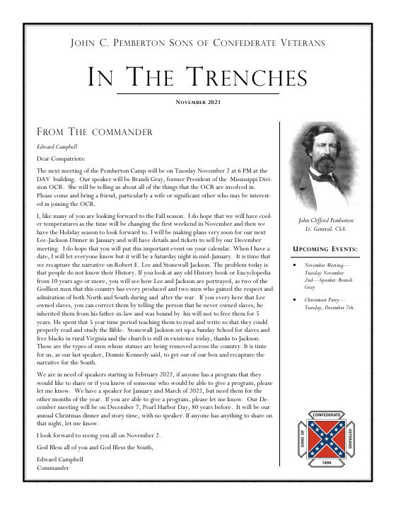 First page of the November 2021 newsletter